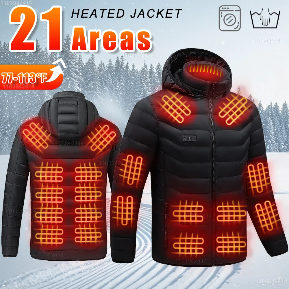 Heated jacket with glowing heating elements on a snowy background
